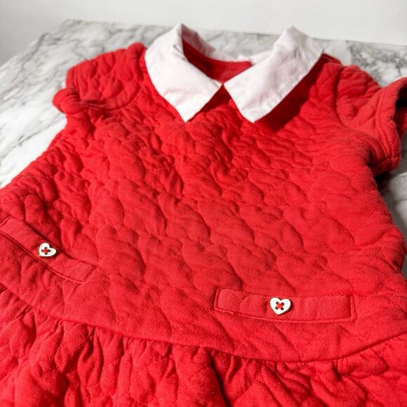 Janie & Jack Girls Quilted Red Heart Dress 3T White Collar Pocket Valentines - Picture 1 of 5